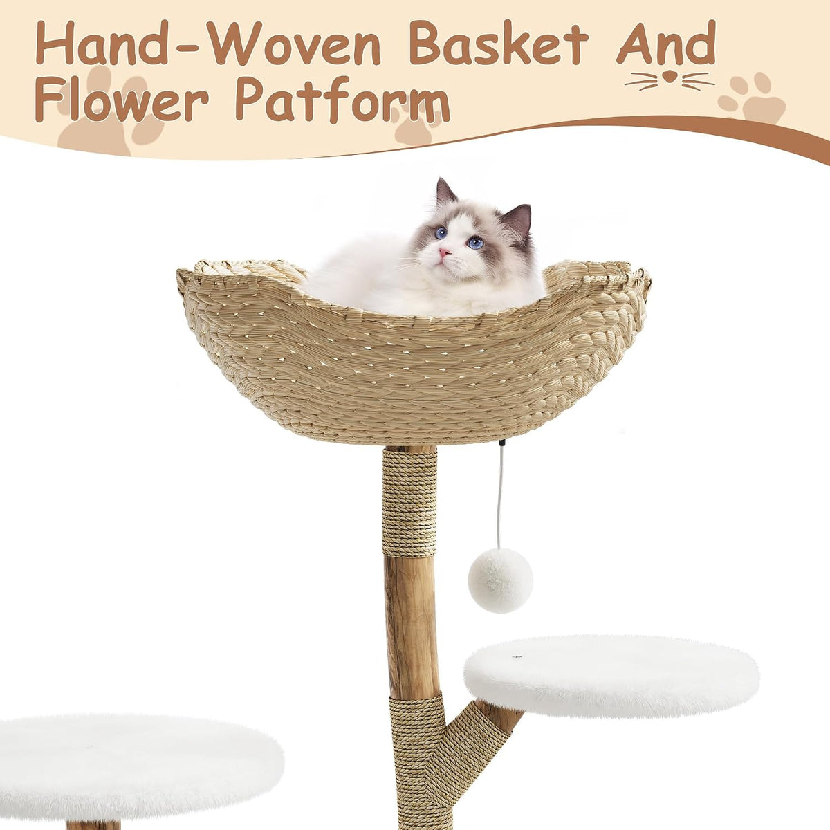Garvee Torre de árbol de madera para gatos, interior y apartamento de mimbre natural con columna de captura de gatos y cama, marco de árbol estético