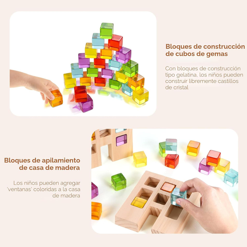 Woodtoe Juego de 24 bloques de arcoíris, bloques de construcción de madera