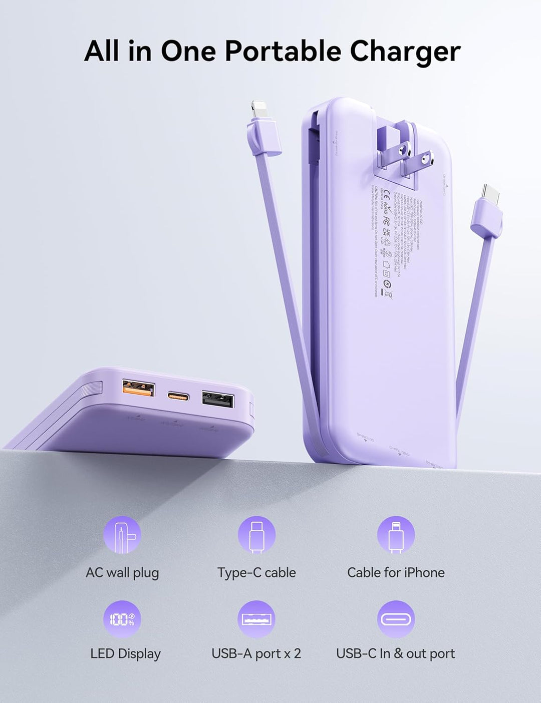 Cargador ultraportátil de 10000 mAh con cables integrados y enchufe...