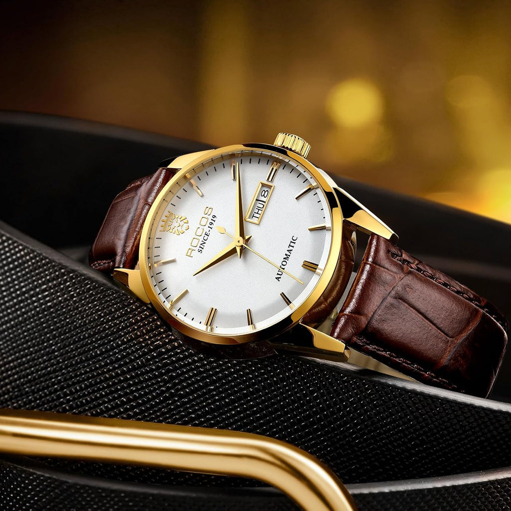 ROCOSJEWE R0101 Reloj Automático Mecánico para Hombre de Lujo Dorado Reloj Clásico Retro Correa de Cuero Marrón Impermeable Regalo para Hombre Moda Negocios