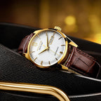 ROCOSJEWE R0101 Reloj Automático Mecánico para Hombre de Lujo Dorado Reloj Clásico Retro Correa de Cuero Marrón Impermeable Regalo para Hombre Moda Negocios