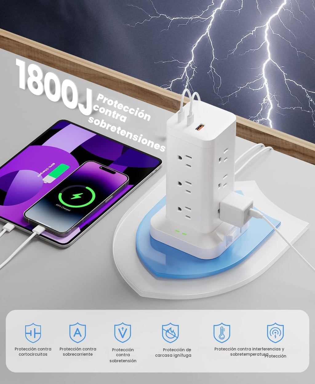 Regleta de alimentación 12AC 3USB, protector contra sobretensiones, cable de extensión de 10 pies, color blanco, 1