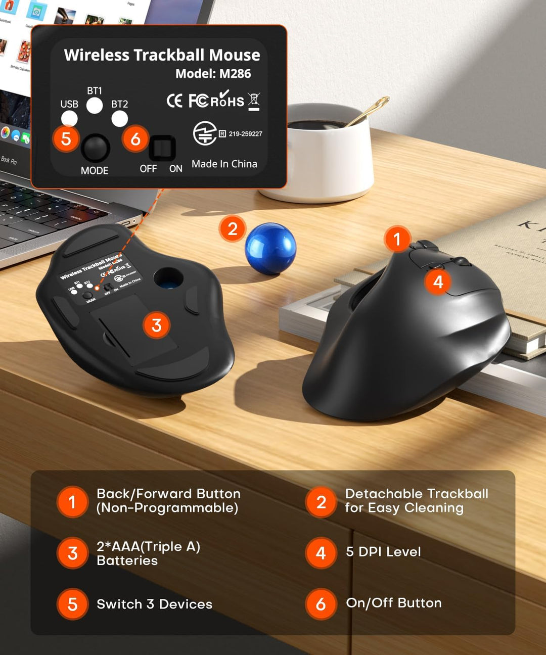 Ratón Ergonómico Inalámbrico con Trackball, Conexión para 3 Disposi...