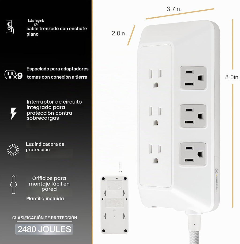 Regleta con protector contra sobretensiones GE, cable de extensión trenzado de 6 pies