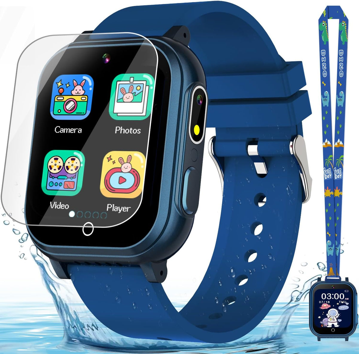 Reloj inteligente para niños de 3 a 12 años, resistente al agua IP67, 32 juegos de rompecabezas, pantalla táctil HD, cámara doble, podómetro, reproductor de música, reloj para niños, regalo de cumpleaños para niños de 5, 6, 7, 8, 9, 10 (azul)