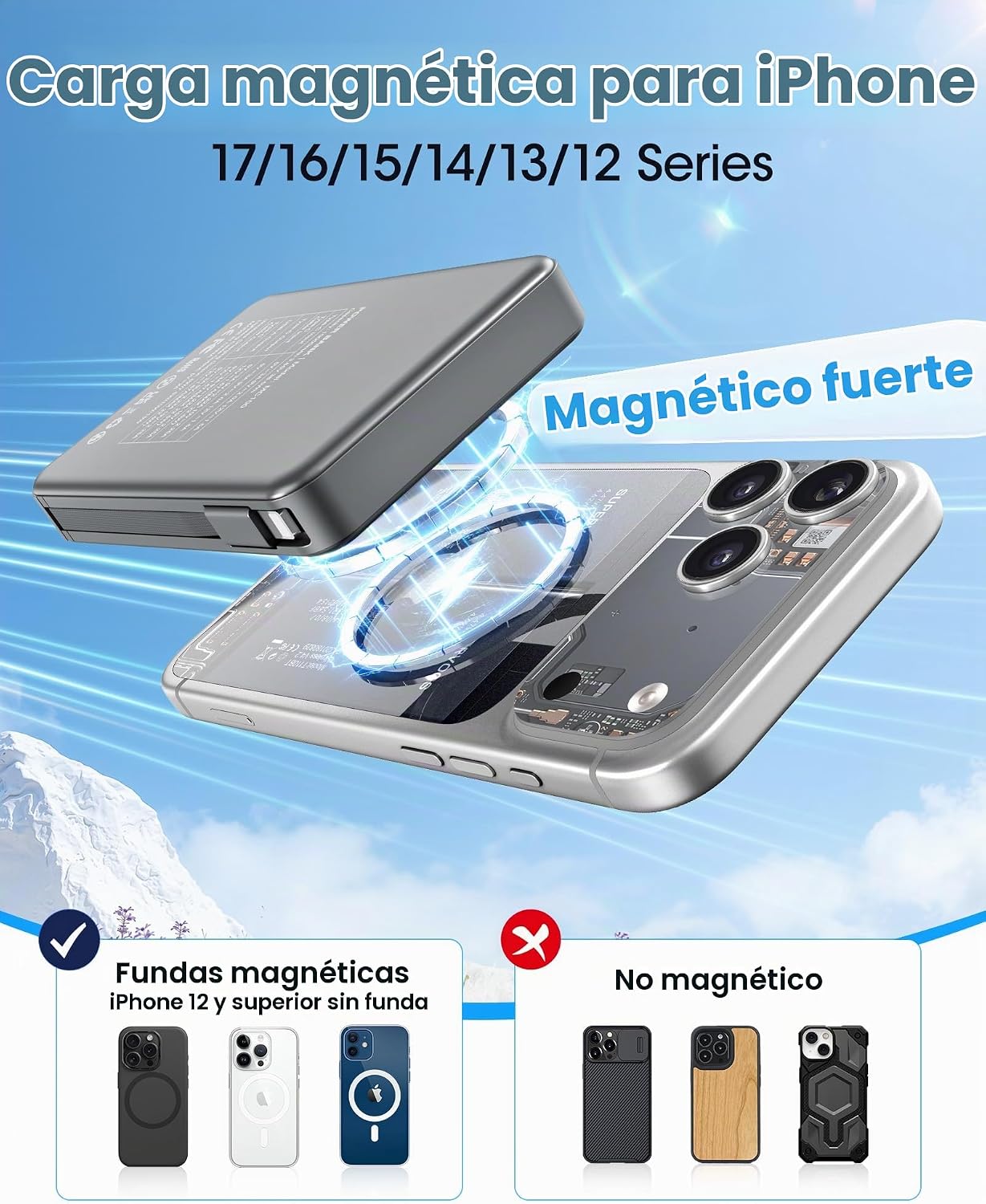 Cargador portátil magnético, cargador de batería de carga rápida de...