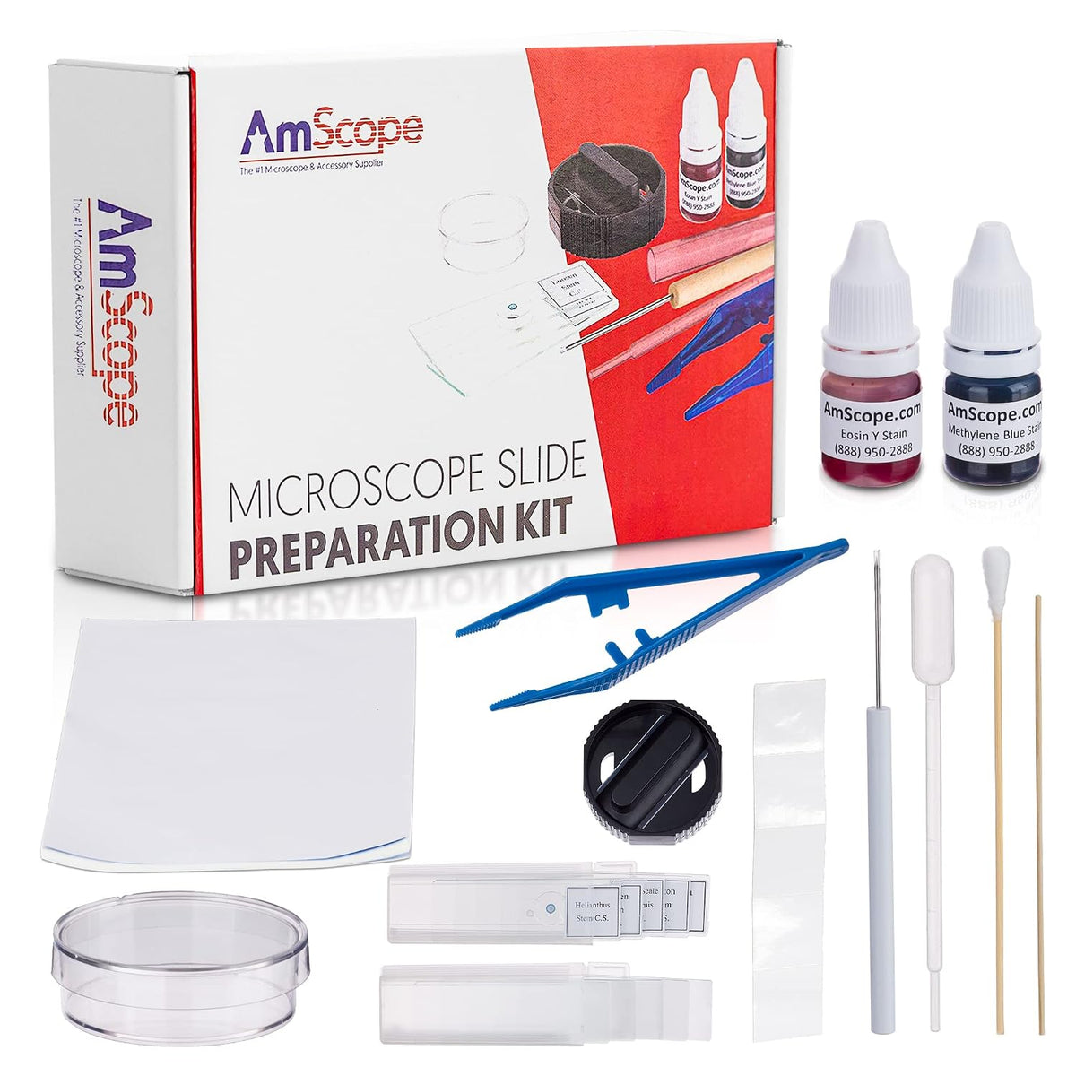 Kit de preparación de portaobjetos de microscopio AmScope - Incluye diapositivas de microscopio en blanco, polvos de colorante rojo eosina y azul de metileno, pinzas, hisopo y más - Kit de 22 piezas