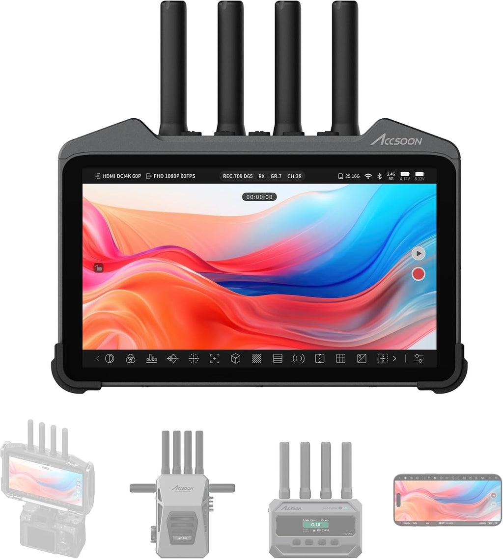 Accsoon CineView M7H Pro 4K60 Transmisor de video inalámbrico Receptor y monitor de cámara, 7 pulgadas Control de cámara 3D LUT HDMI 1200ft 60ms LAT., Monitoreo móvil, par CineView M7 Pro/Master 4K