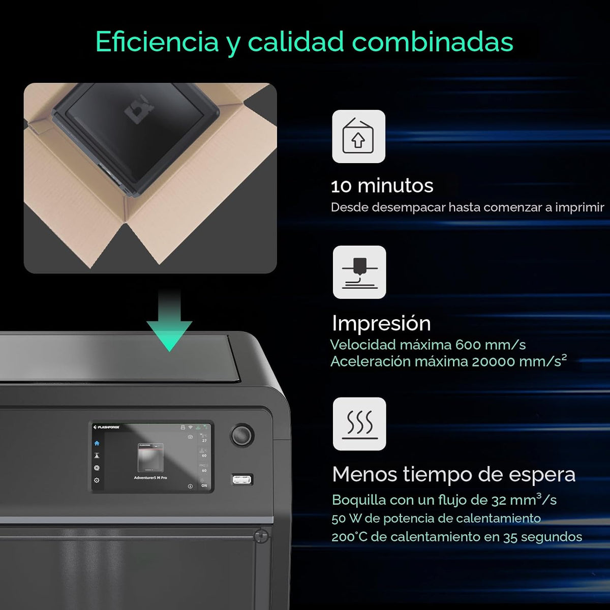 FLASHFORGE Adventurer 5M Pro Impresora 3D con Sistema de Impresión Automática con 1 Clic, Alta Velocidad de 600mm/s, Boquilla Desmontable Rápida de 280°C, Estructura Completamente Metálica Core XY