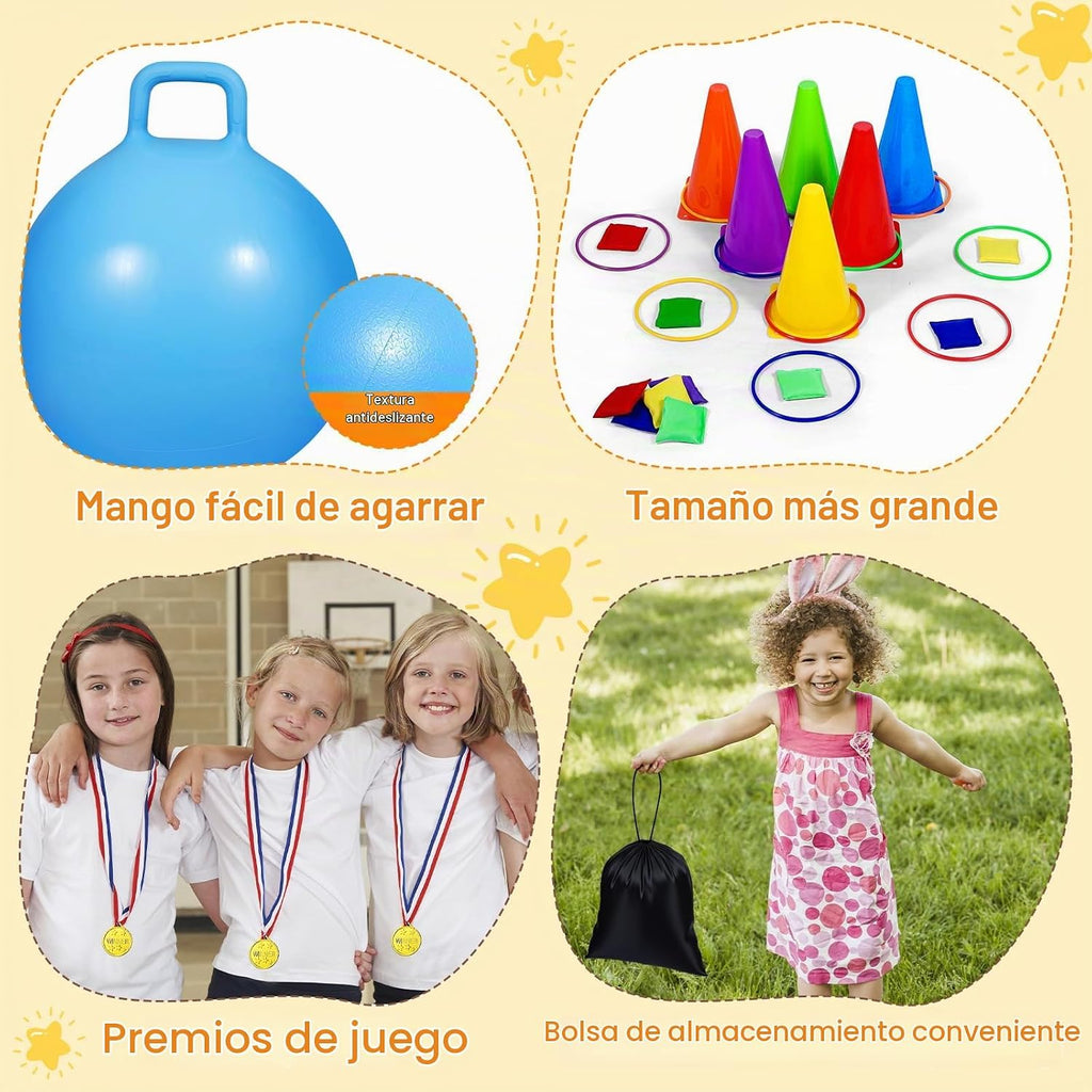 Juego de 53 juegos de carnaval al aire libre para niños, pelotas de tolva, lanzamiento de anillo, bolsas de frijoles, carrera de relevo de cuchara de huevo, patio trasero, patio, campo, fiesta, cumpleaños, reunión familiar