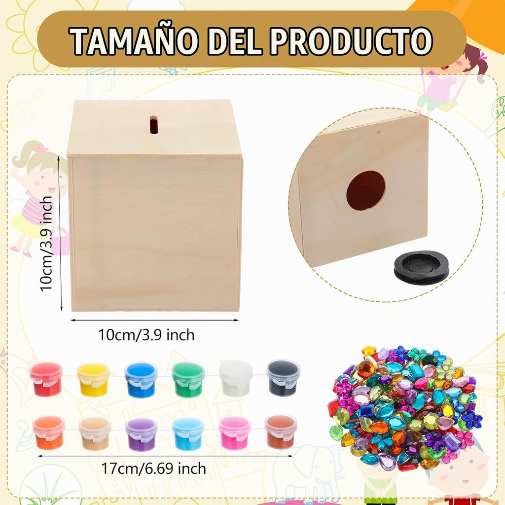 DoubleFill Paquete de 6 kits de manualidades de pintura de banco de madera para niños, banco de bloques de madera sin terminar, incluye 12 pinturas de color, 2 pinceles, 200 diamantes acrílicos, kits