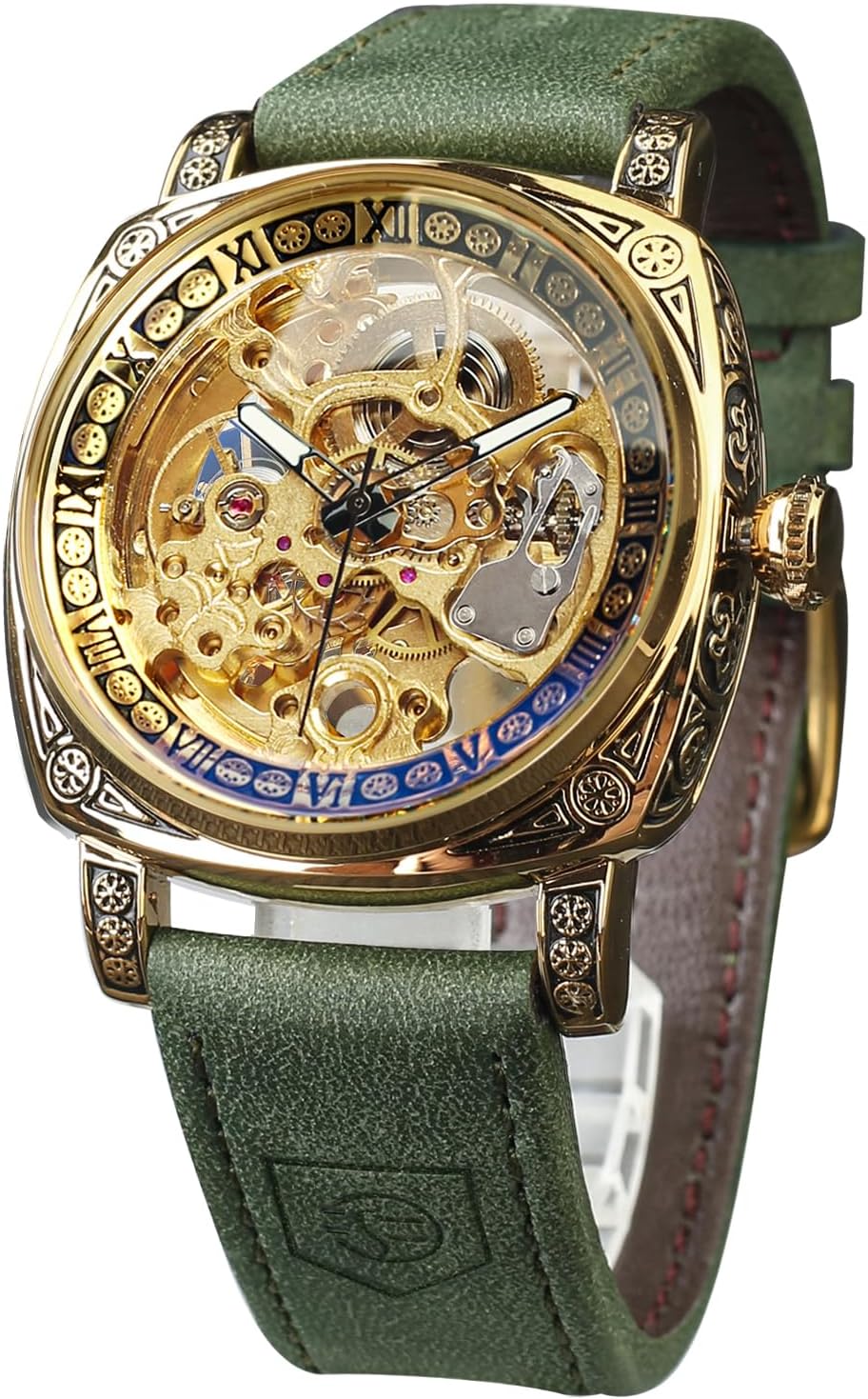 FORSINING Relojes para Hombre, Reloj Mecánico Retro Cuadrado Automático Tallado, Reloj de Pulsera Esqueleto de Cuero Vintage con Correa de Cuero