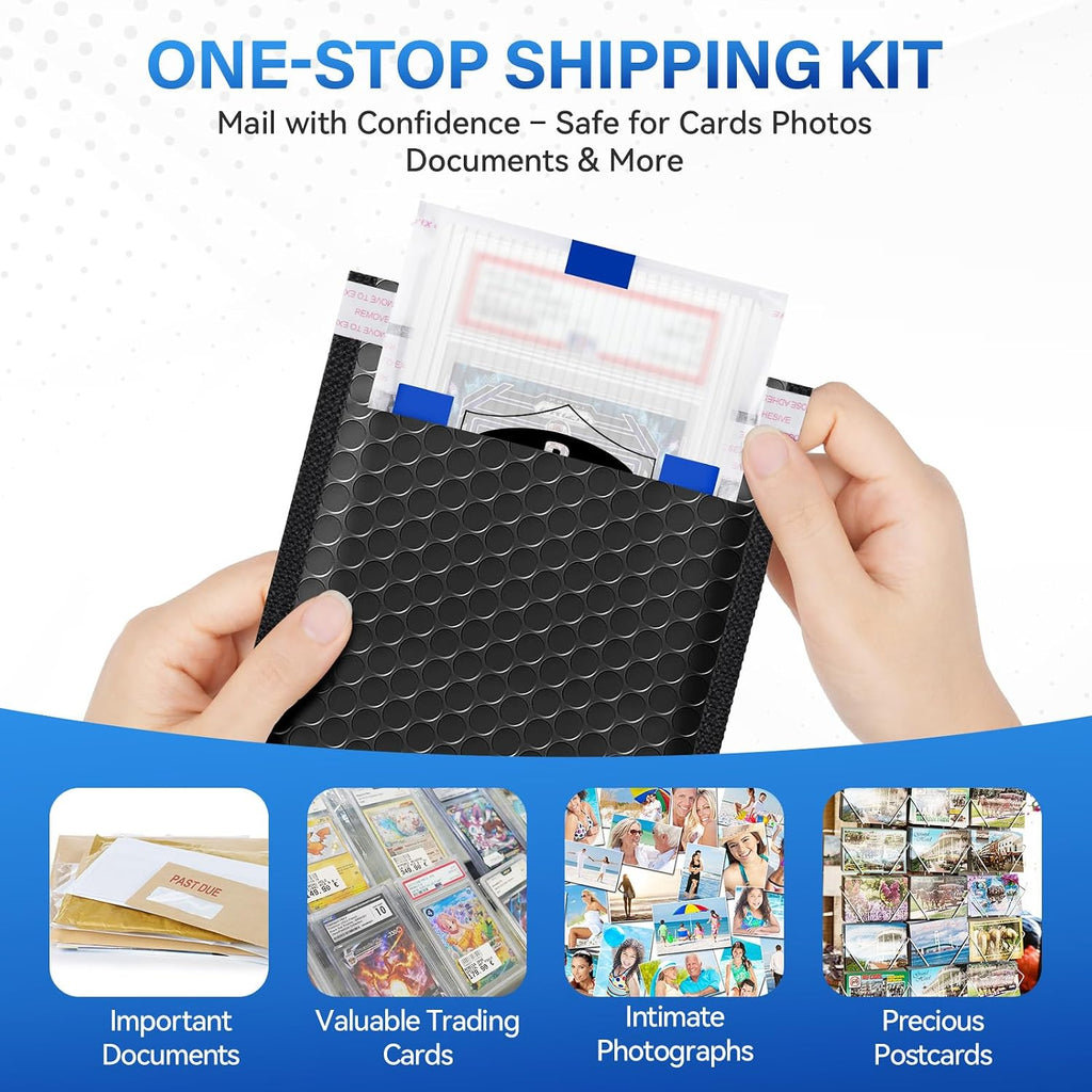 Kit de envío de tarjetas coleccionables, incluye 100 protectores de envío de tarjetas graduadas de 4 x 6 pulgadas, 50 sobres de burbujas de 6 x 8.7 pulgadas, cinta de pintor de 65.6 ft, 50
