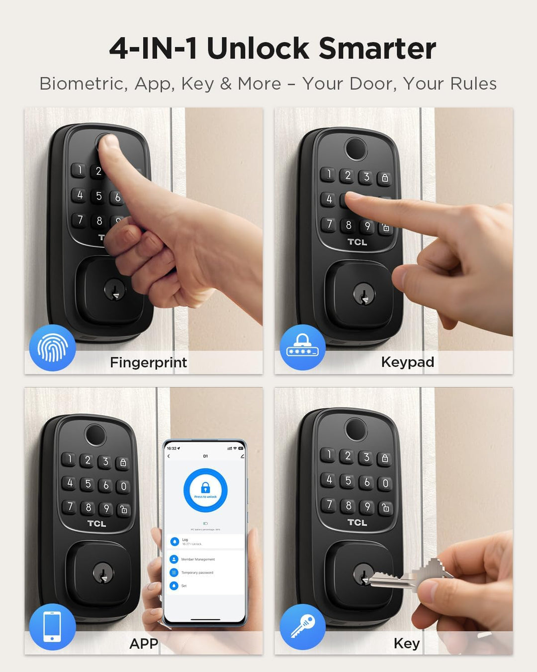 TCL Cerradura inteligente Wi-Fi D1, cerradura de puerta de huellas...