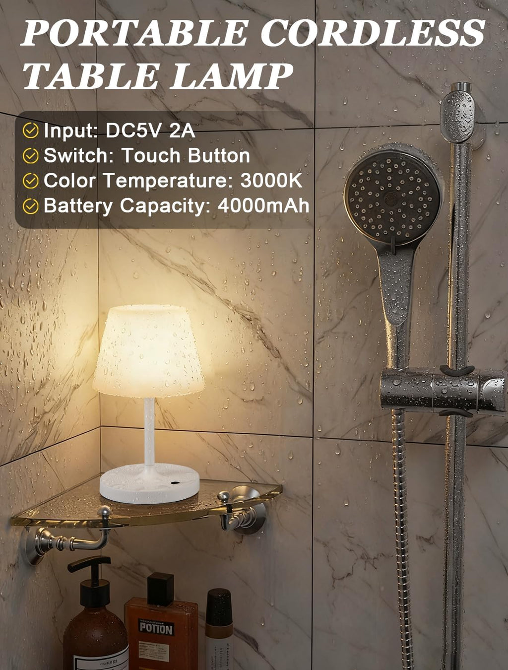 Lámpara Kakanuo Lámpara de ducha inalámbrica blanca impermeable, lámpara de mesa recargable con batería de 4000 mAh, luz de escritorio táctil regulable para exteriores, cocina, baño, campamento, patio, IP54