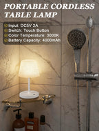 Lámpara Kakanuo Lámpara de ducha inalámbrica blanca impermeable, lámpara de mesa recargable con batería de 4000 mAh, luz de escritorio táctil regulable para exteriores, cocina, baño, campamento, patio, IP54