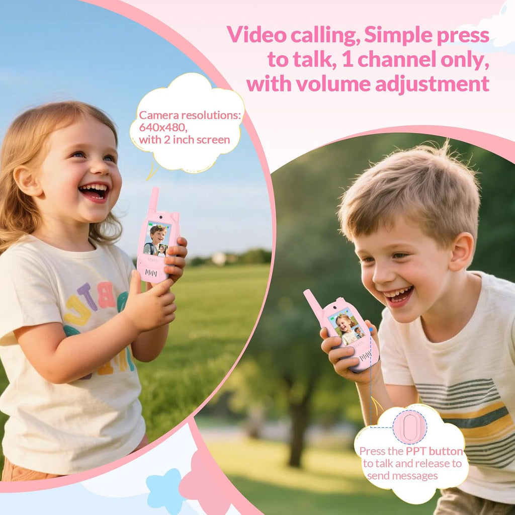 Mafiti Walkie Talkies de video para niños, paquete de 2 juguetes recargables de alcance de 1000 pies para niños de 3, 4, 5, 6, 7, 8 años, regalos de cumpleaños (rosa + rosa)