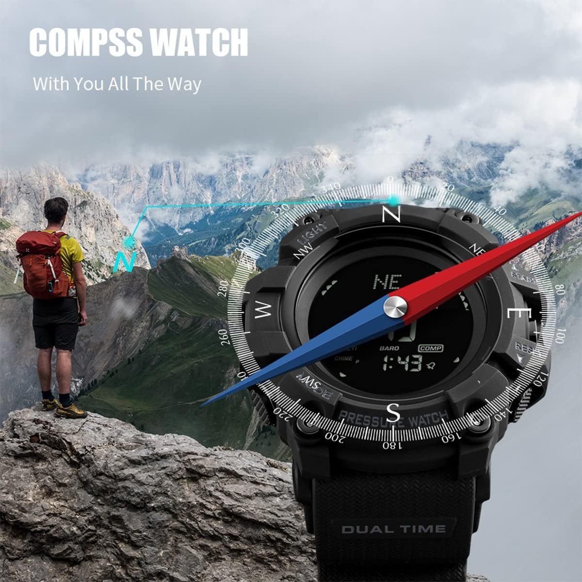 Reloj Digital al Aire Libre con Brújula, Altímetro, Barómetro, termómetro, Pedometro, a prueba de agua, para Deportes Extremos, Hombre