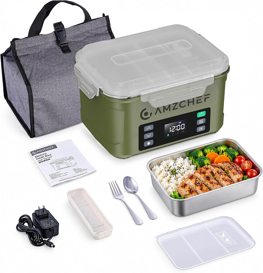AMZCHEF Fiambrera eléctrica inalámbrica portátil, calentador de alimentos