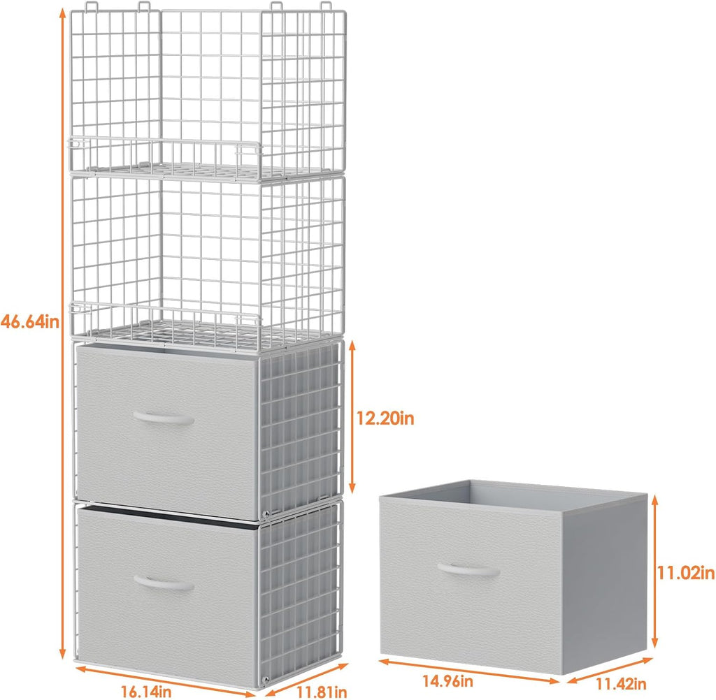 Organizadores de Closet apilables de 4 niveles con 2 cajones, Estante plegable para armario y estantes de almacenamiento, Cajones apilables para sistema organizador de closet, blanco(Patente en trámite)