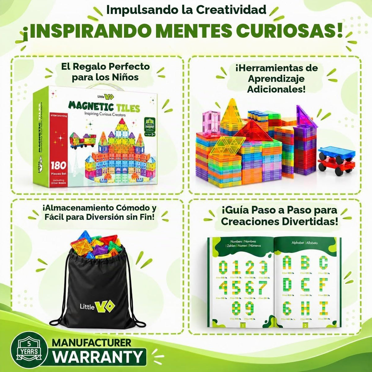 LittleVo - 180 azulejos magnéticos para niños y 2 autos, juguete de bloques