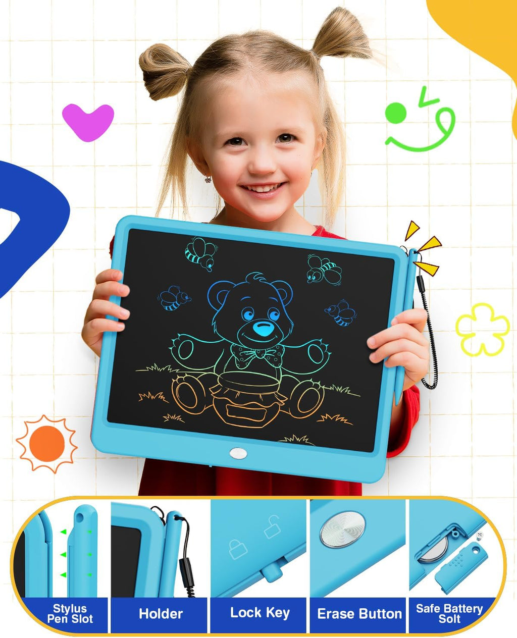 Tableta de escritura LCD de 12 pulgadas, tablero de dibujo colorido, tablero de garabatos, almohadilla de escritura borrable y reutilizable, educativa para niñas y niños de 3 a 8 años (azul)