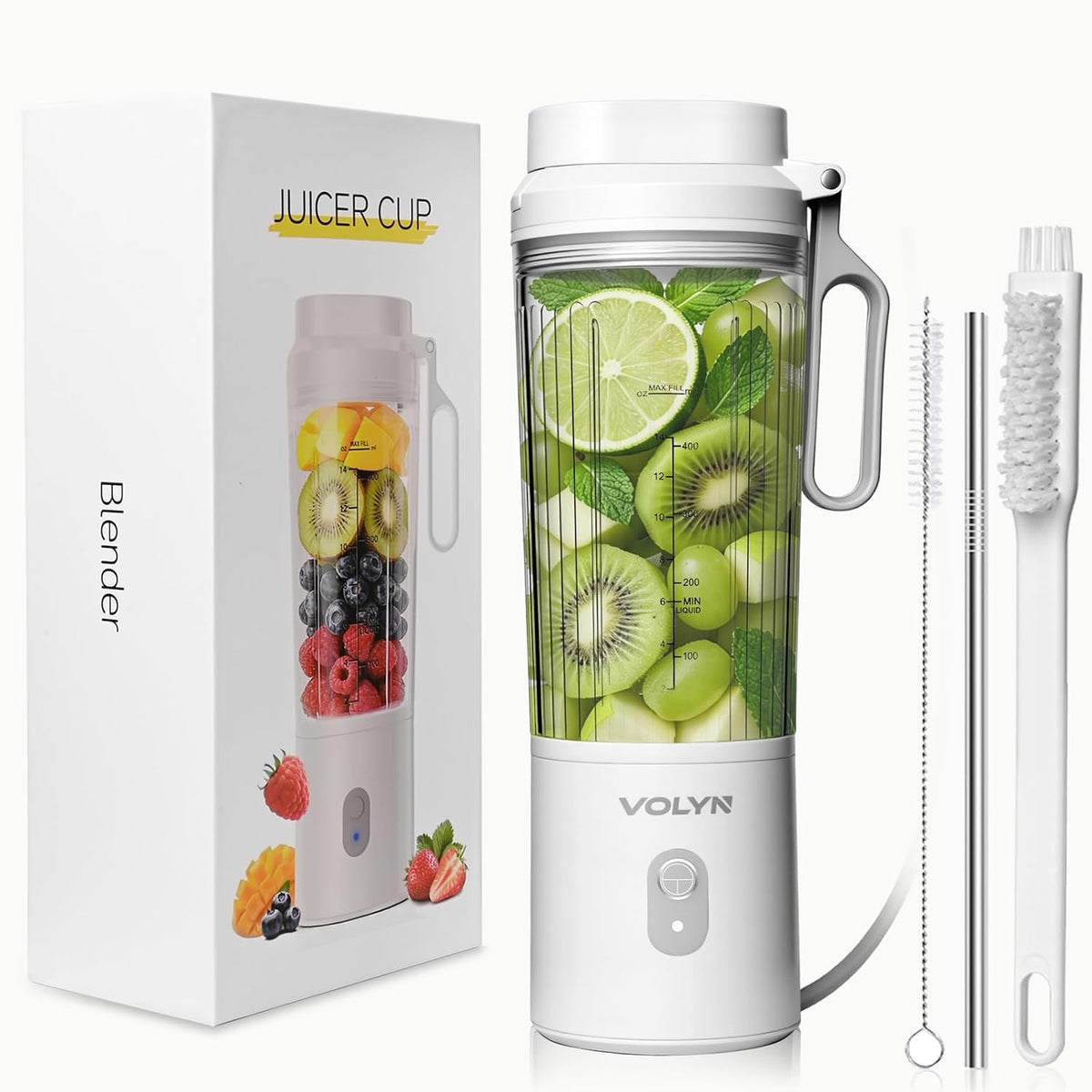 VOLYN Mini Licuadora Eléctrica Smoothie Maker con Pajilla y Cepillo de Limpieza