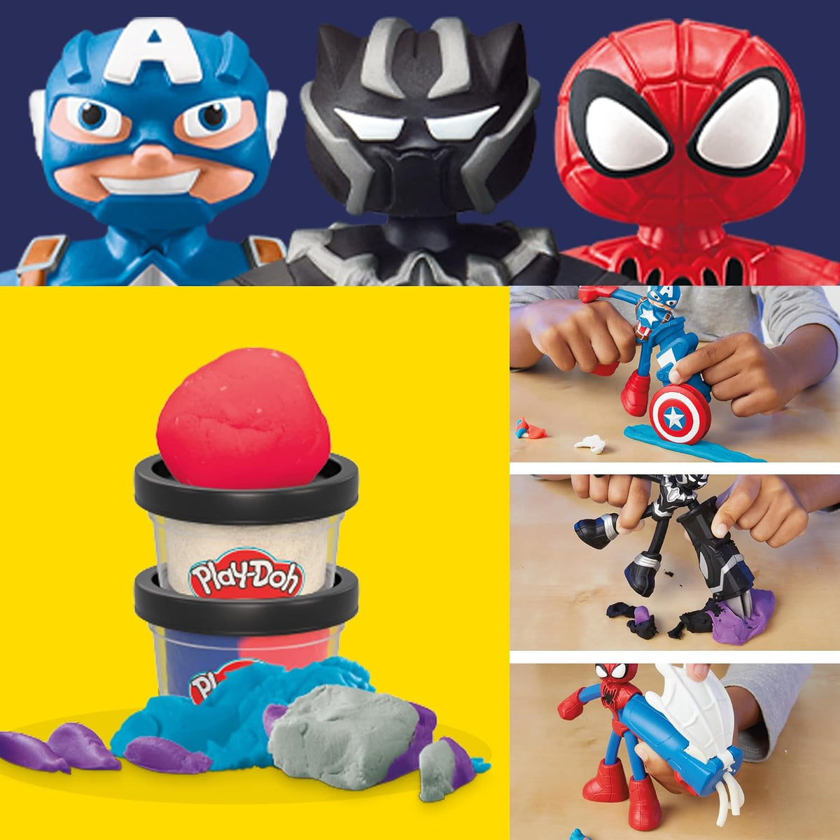 Play-Doh Marvel Hero Adventure Playset, 3 figuras de acción de Marvel con herramientas reutilizables, Black Panther, Capitán América y Spider-Man, juguetes de imaginación para niños y niñas