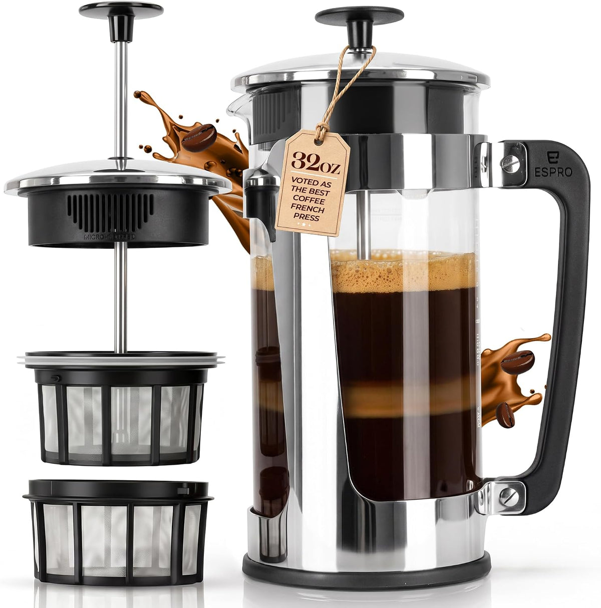 Espro cafetera con prensa P5 – 32 onzas, de vidrio y acero inoxidable, FFP, Empaque original, Vidrio/Acero inoxidable