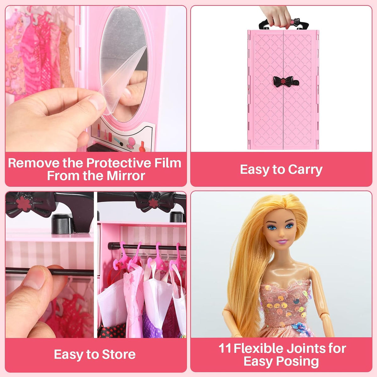 Juego de 122 piezas de armario de muñecas con muñecas de 11.5 pulgadas, ropa y accesorios, incluye armario, vestidos de princesa, zapatos, bolsas, perchas otros accesorios, juguetes de vestir para niñas, niños pequeños (rosa)