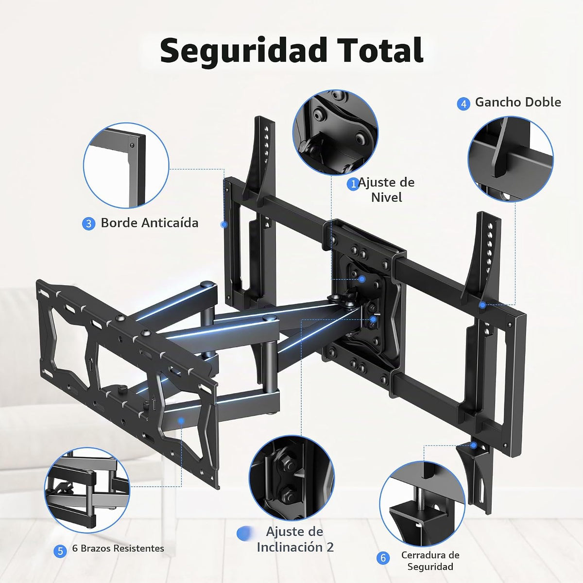 Soporte de pared para TV de movimiento completo para la mayoría de televisores planos/curvos de 37"-86" de hasta 132 libras, soporte giratorio de inclinación con 6 brazos articulados, VESA máximo de 23.622 x 15.748 in, perno de madera máximo de 16