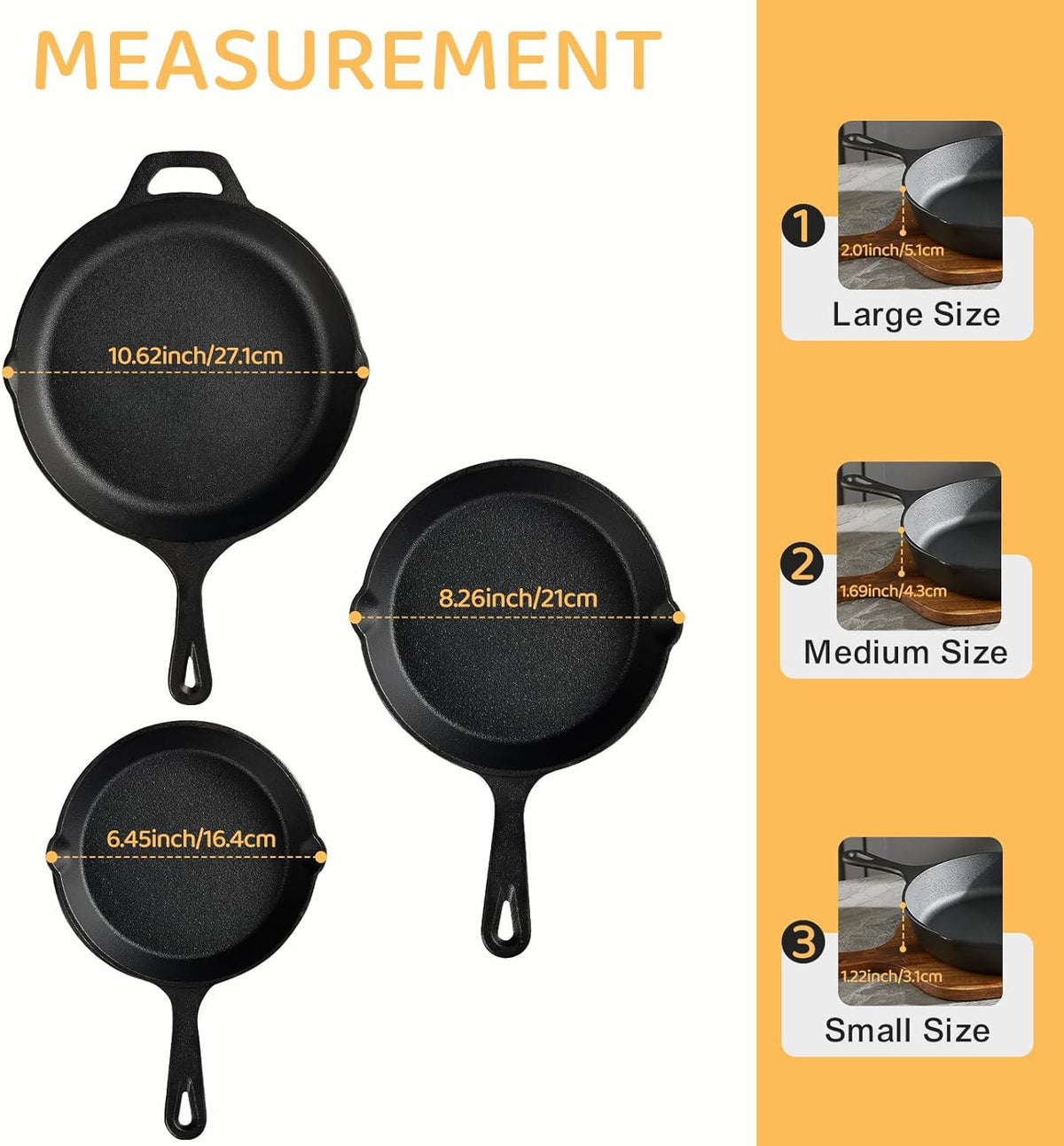 EWFEN Juego de 3 sartenes de hierro fundido, utensilios de cocina presazonados de calidad de chef profesional de alta resistencia, sartenes de 6, 8 y 10 pulgadas para freír, saltear y cocinar, usar en interiores y exteriores, horno, parrilla