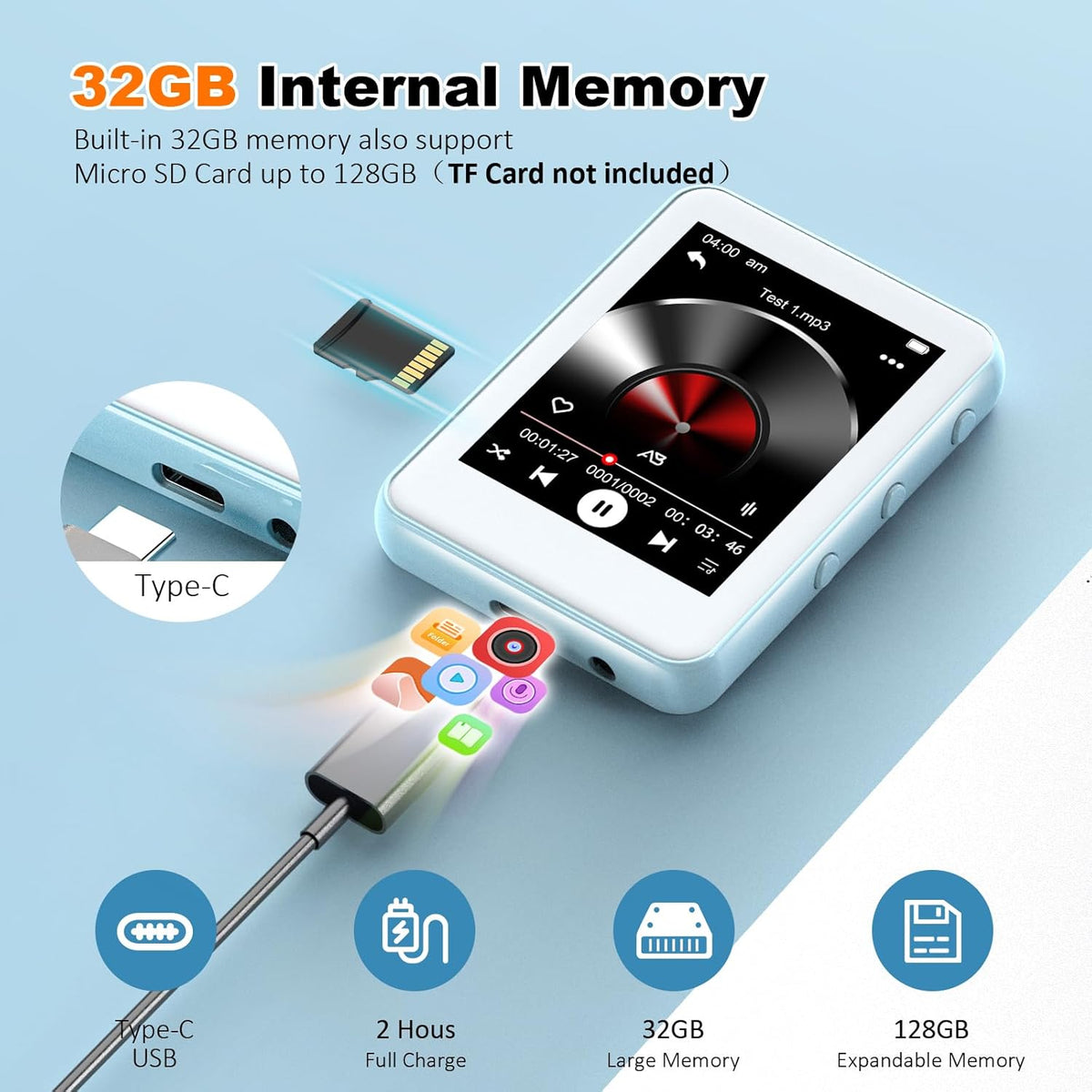 Reproductor MP3 azul claro con Bluetooth 5.3, pantalla táctil de 32...