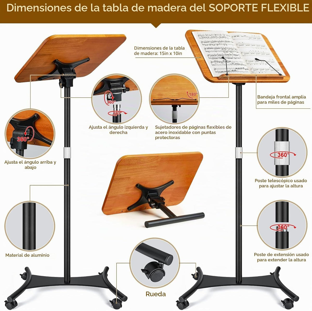 Soporte de música 2 en 1 de doble uso y soporte para libros de escritorio, altura ajustable de 16.5 a 51 pulgadas, 100% madera maciza para computadora portátil, soporte para libro con clips elásticos