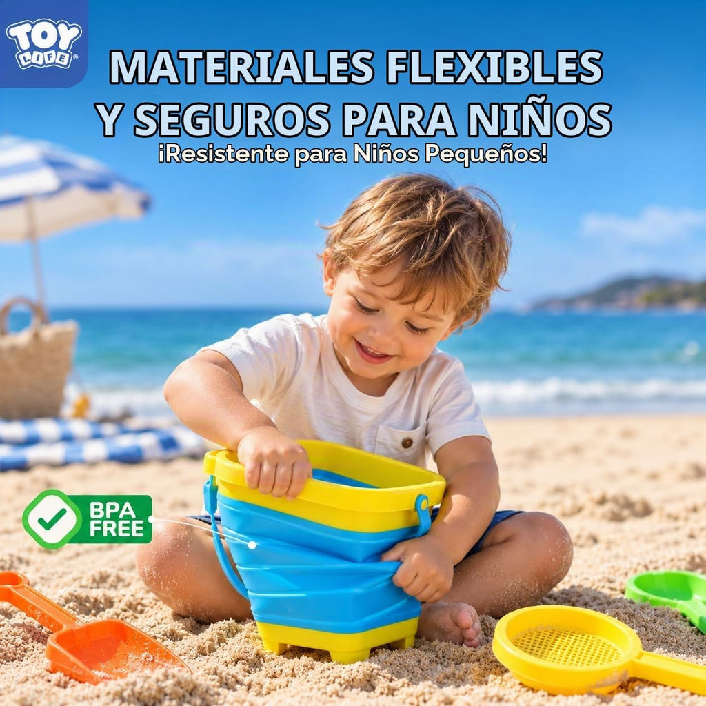 TOY Life Juguetes de playa plegables para niños con 4 cubos de arena plegables de silicona y 8 palas y bolsa de malla, accesorios de playa para viajes, juguetes de arena para niños, juguetes de caja