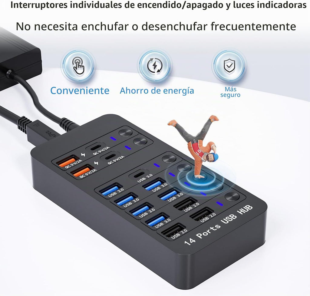 Zeroffi, J655-2402500D, hub USB 3.0 de 14 puertos, alimentado, adaptador 9V/2A