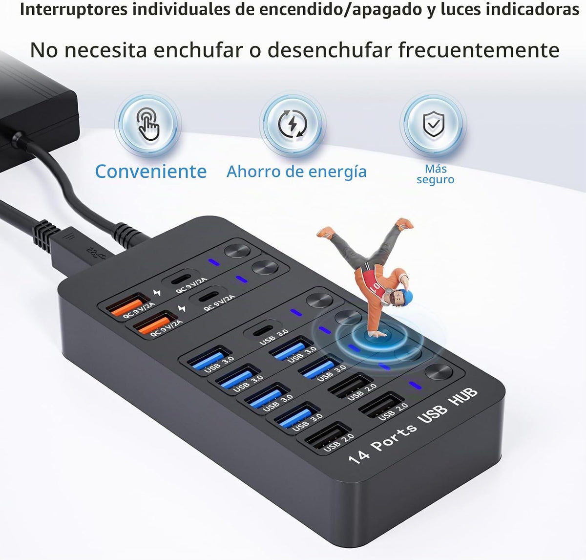 Zeroffi, J655-2402500D, hub USB 3.0 de 14 puertos, alimentado, adaptador 9V/2A
