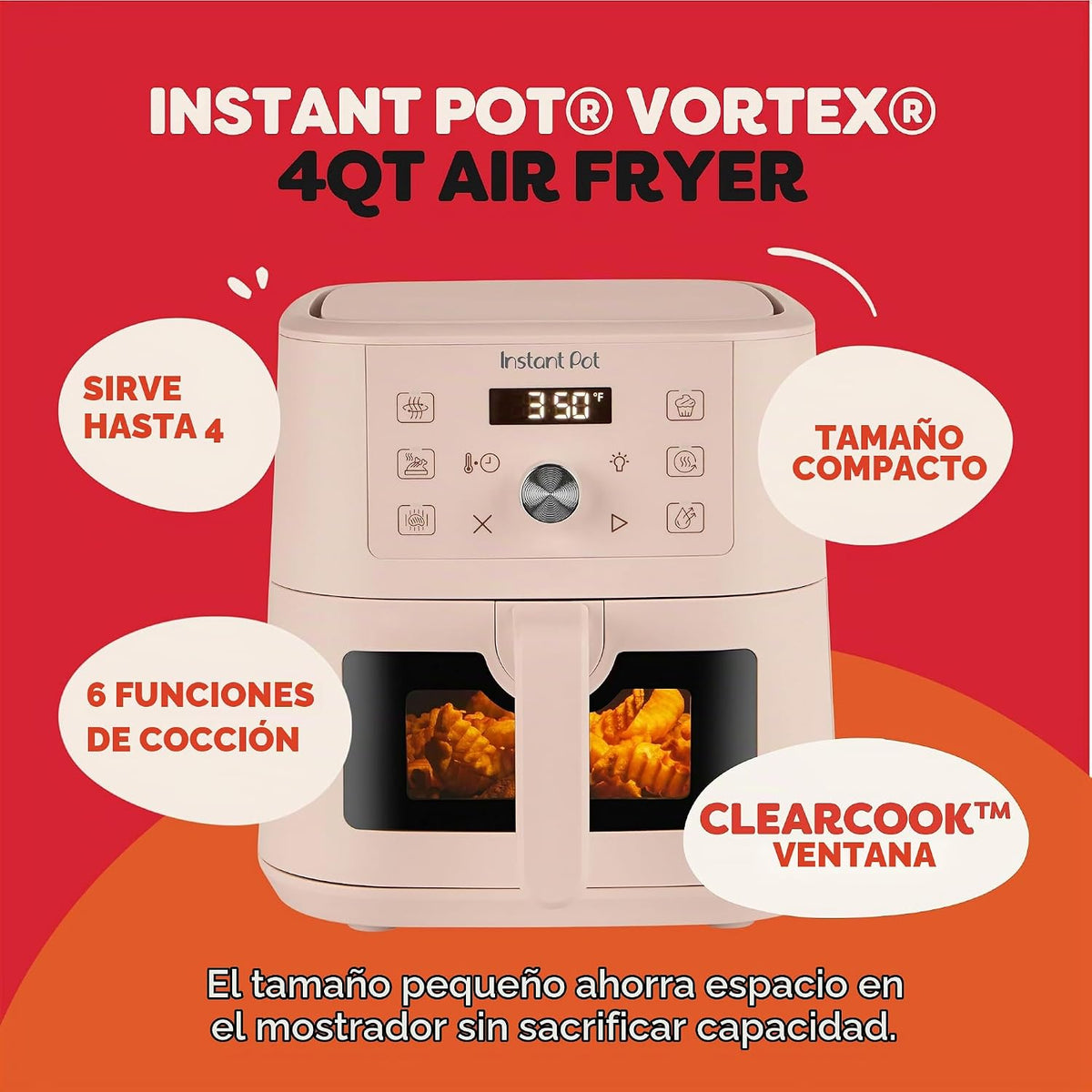 Instant Pot 4Qt VORTEX - Mini freidora de aire 6 en 1, opciones de programa personalizadas, freír al aire, asar, asar, deshidratar, hornear, recalentar, agua de rosas, 4 cuartos