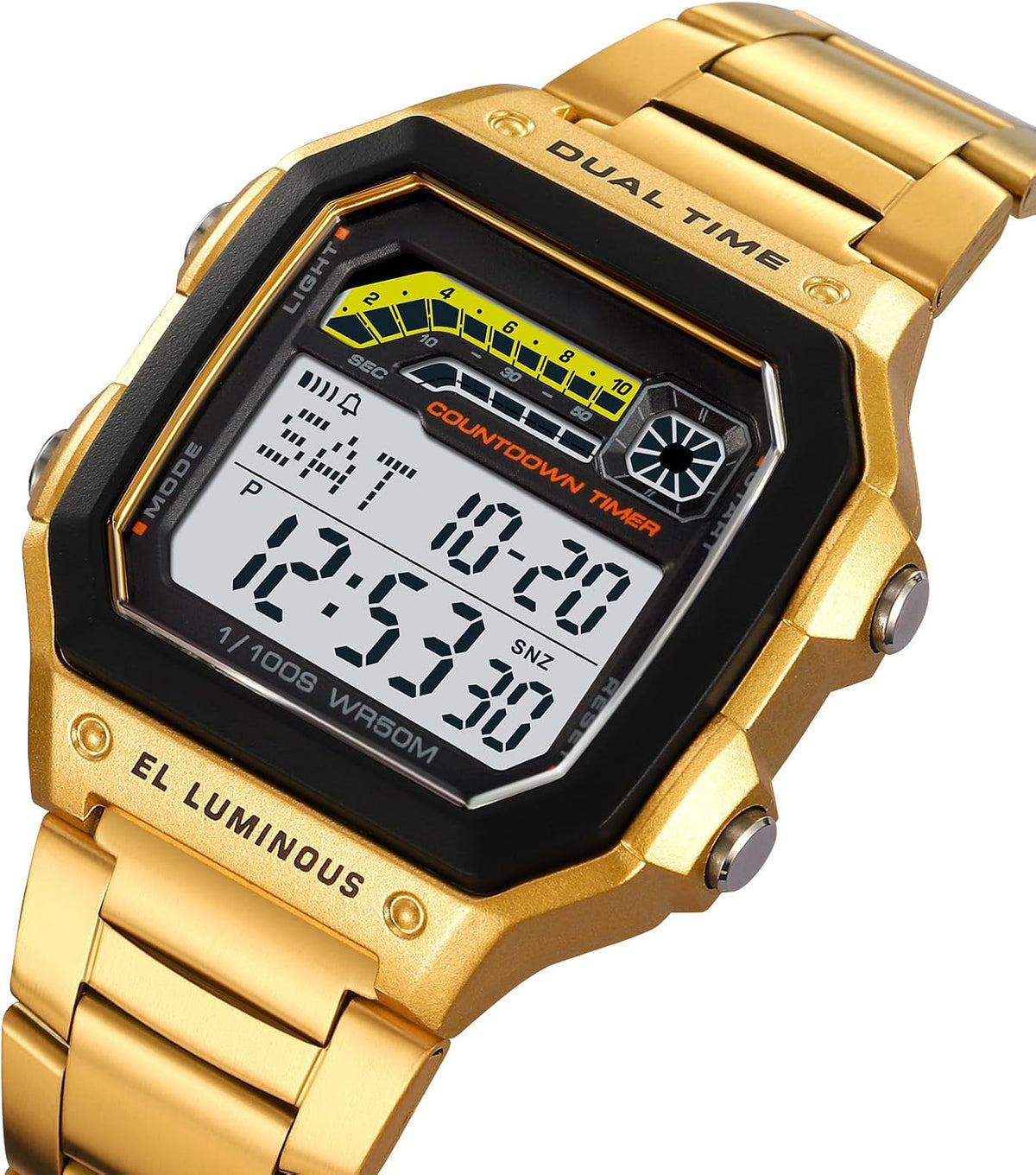 PASOY Reloj de pulsera digital multifunción para hombre, con hora doble, alarma, cronómetro, cuenta regresiva, retroiluminación, resistente al agua