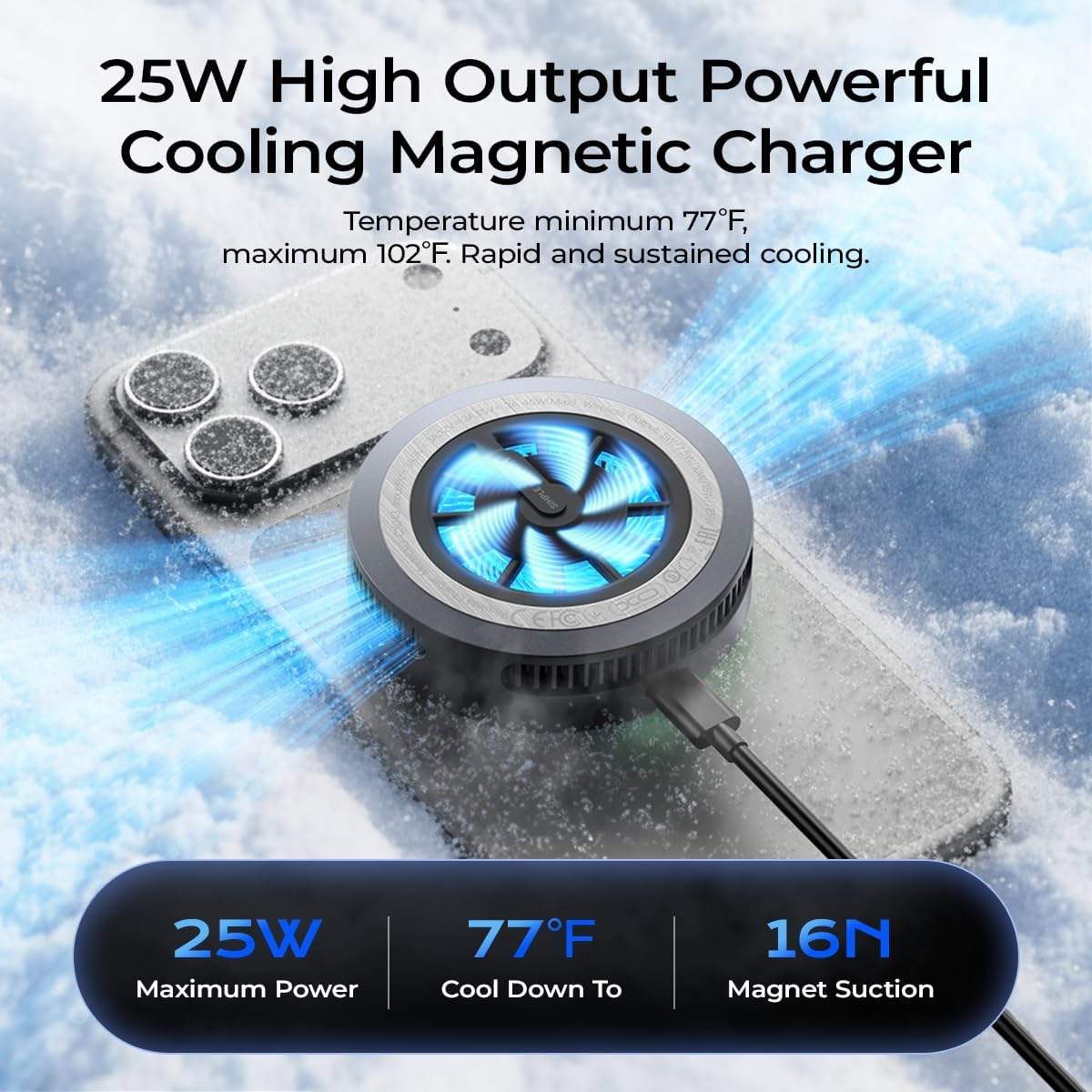 Cargador inalámbrico Qi2.2 【Carga rápida de 25 W + ventilador de refrigeración】 Almohadilla de carga magnética con 2 modos, soporte de teléfono con luz LED de carga rápida compatible con la serie