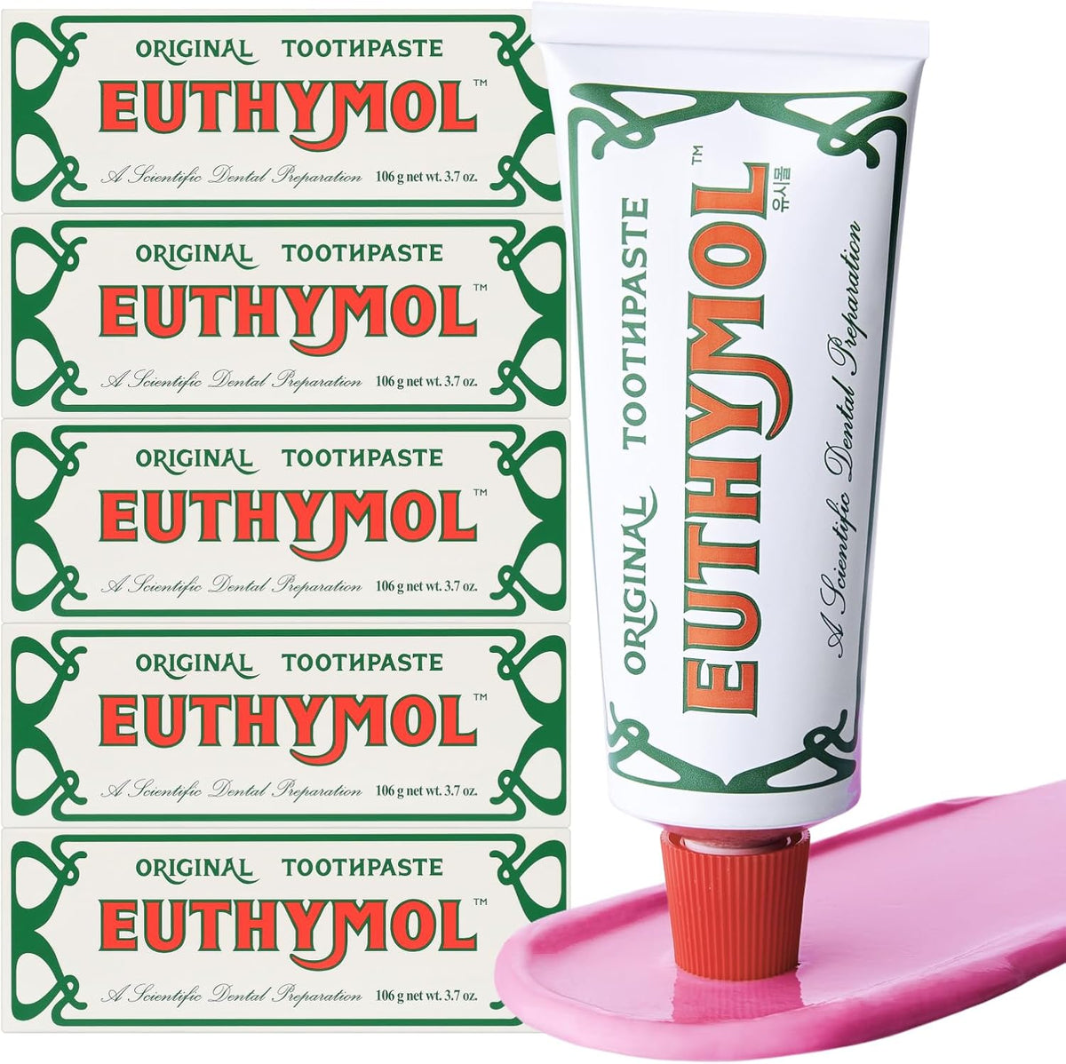 EUTHYMOL Pasta de dientes rosa original, sin flúor, 3.7 fl oz*5 (pa...