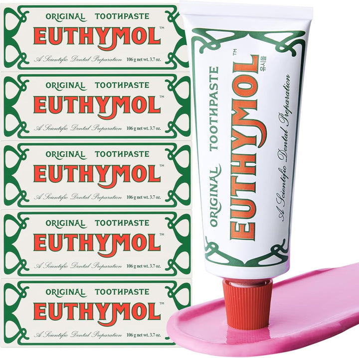 EUTHYMOL Pasta de dientes rosa original, sin flúor, 3.7 fl oz*5 (pa...