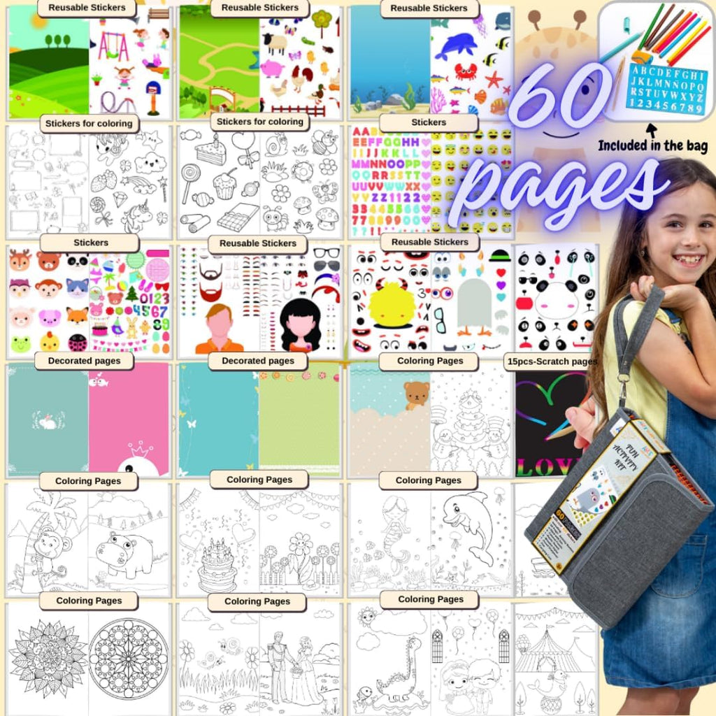 Libro de actividades para niñas y niños – Funda premium incluye 60 páginas grandes – 420 calcomanías, papeles para rascar arco iris, calcomanías reutilizables, lápices para colorear, números y letras – Juguetes educativos regalo