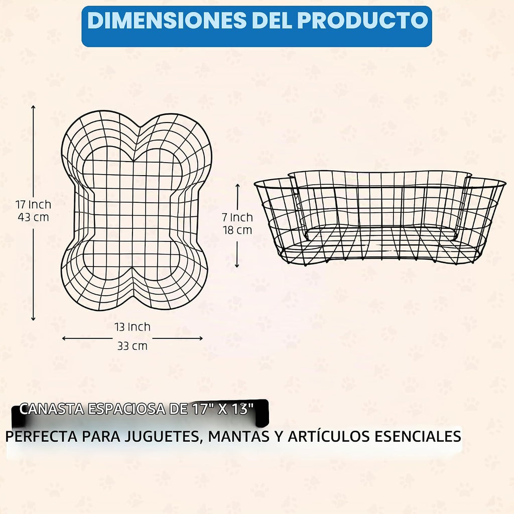 Cesta de juguetes de metal para perros con forma de hueso, cubo