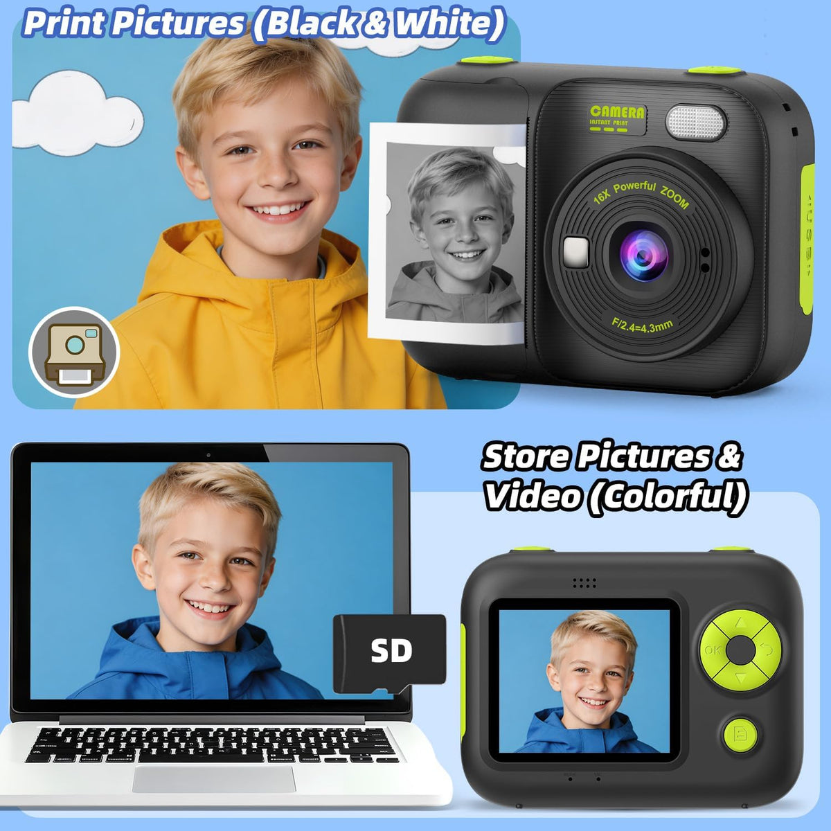 Cámara de impresión instantánea para niños con 5 rollos de papel de impresión, cámara HD 1080P, cámara portátil recargable para selfies, regalos de cumpleaños de Navidad, juguetes para niños y niñas