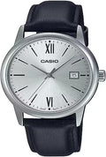 Casio MTP-V002L-7B3 - Reloj analógico estándar para hombre, banda de cuero negro, esfera plateada, con fecha