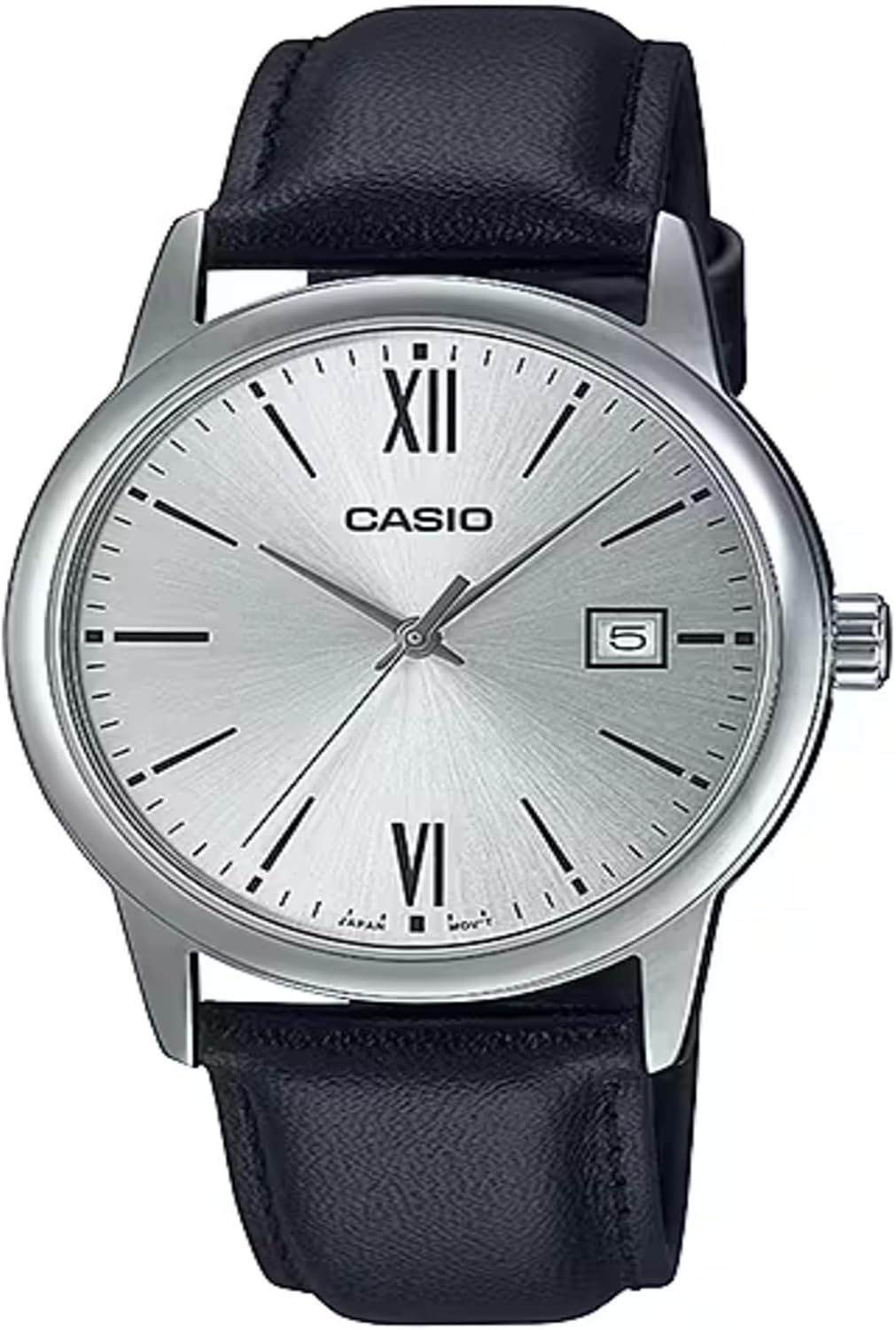 Casio MTP-V002L-7B3 - Reloj analógico estándar para hombre, banda de cuero negro, esfera plateada, con fecha