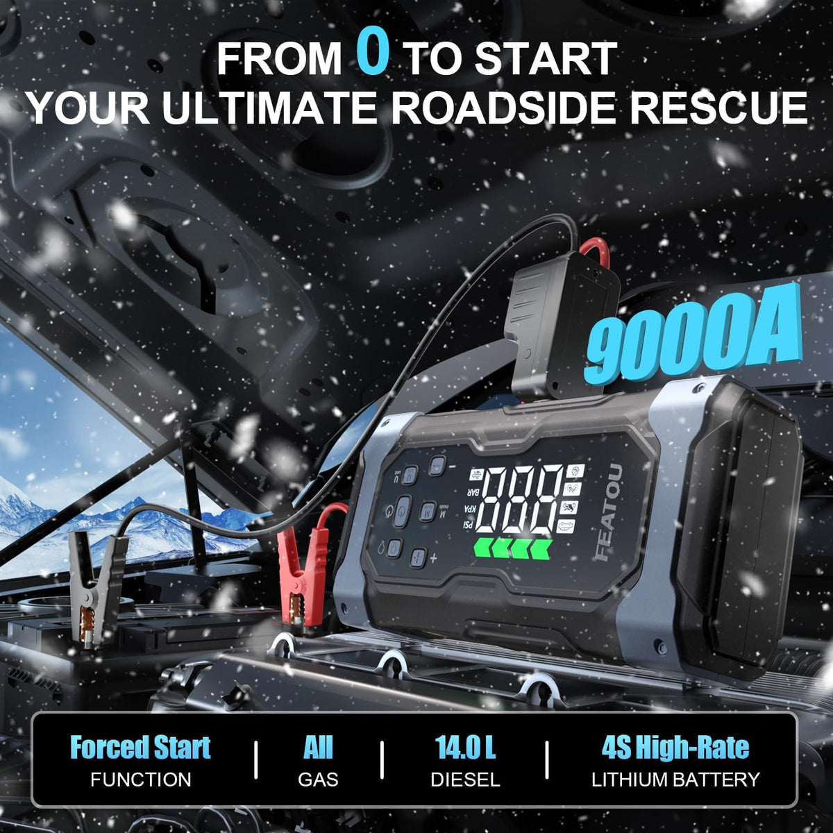 Arrancador de alta potencia de 9000 A con compresor de aire, batería de coche de 12 V, caja de salto portátil para automóvil (todo a gas/14L diesel) con inflador de neumáticos, carga rápida PD de 30 W, arranque de batería forzado