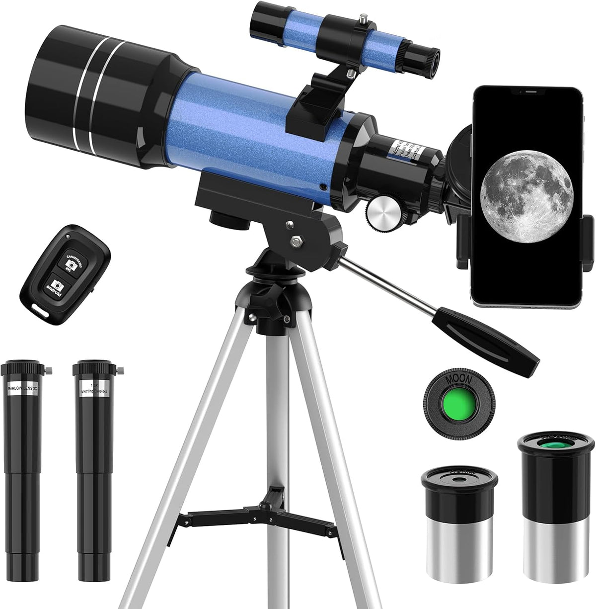 Telescopio para niños, telescopios de apertura de 2.756 in para adultos (15X-150X) con óptica FMC, telescopio refractor astronómico de 11.811 in para principiantes con adaptador de teléfono