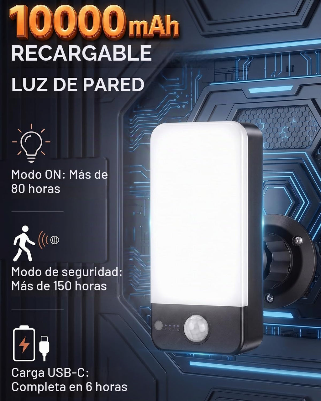 Luces de pared al aire libre con pilas recargables, sensor de movimiento